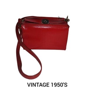 Vintage 1950's Red Box Purse Shoulder Bag Patent Leather By Champ